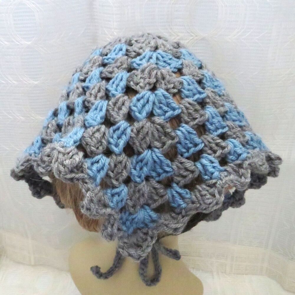 Handmade Crocheted Gray and Blue Bandana, Cottage Core Boho Style Head Covering